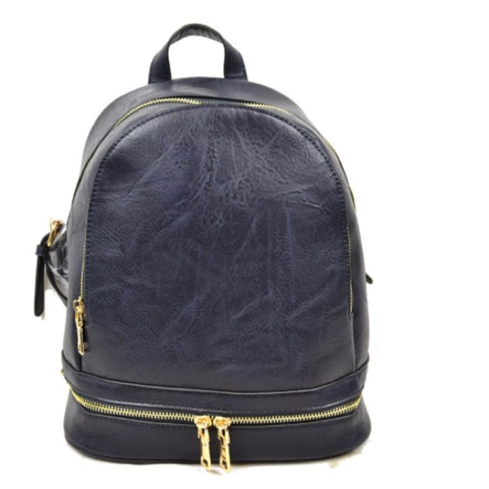 Navy Blue Faux Leather 3 Zipper Backpack